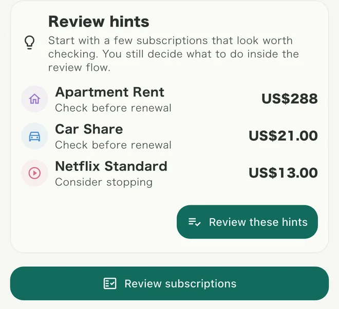 Review hints: Apartment Rent and Car Share flagged to check before renewal, Netflix Standard flagged as worth pausing.