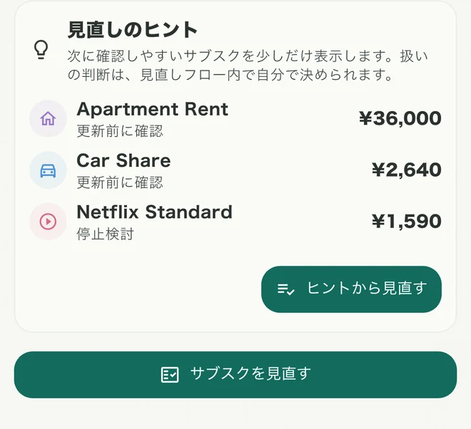 見直しのヒント。Apartment Rent と Car Share は更新前に確認、Netflix Standard は停止検討として並んでいる。