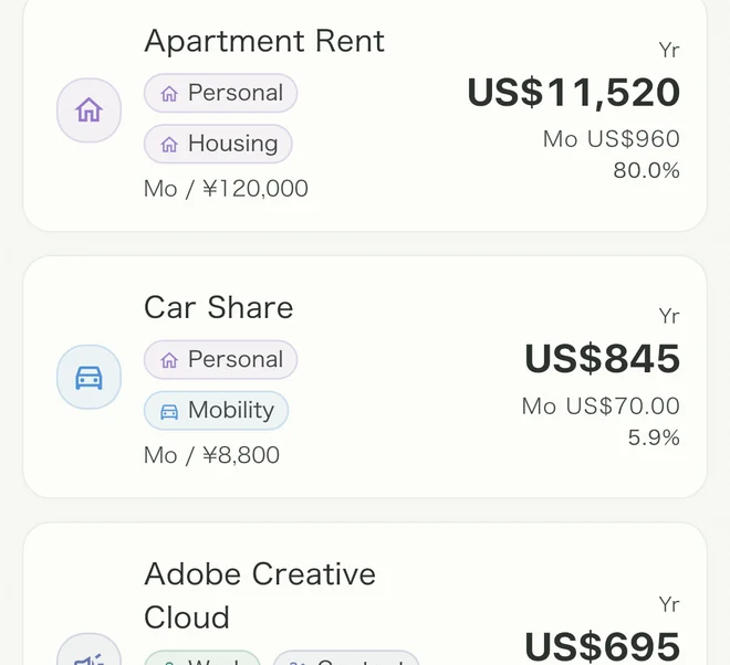 The subscription list, showing Apartment Rent, Car Share and Adobe Creative Cloud with monthly and yearly amounts and category tags.