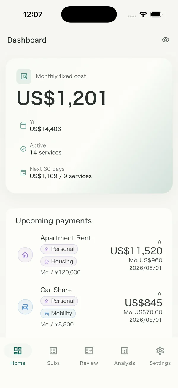 The Costfolio home screen: US$1,201 of monthly fixed costs, US$14,406 a year, 14 active services, and the upcoming payments.